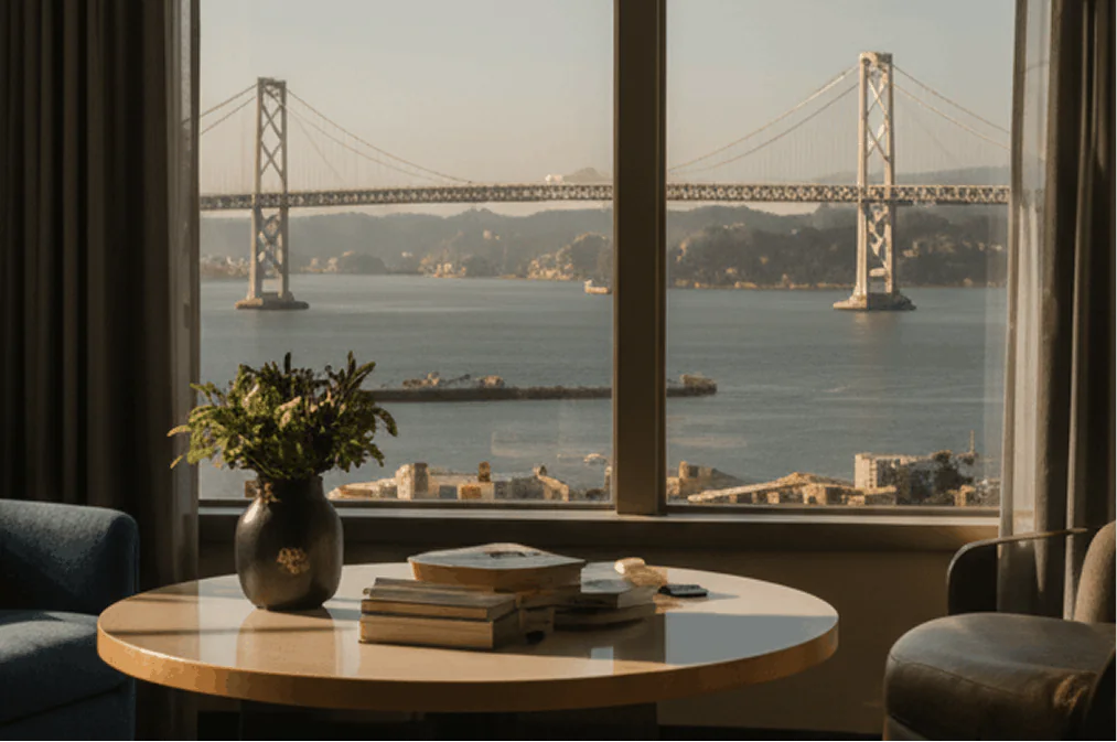 A sunlit room with a table, books, and a vase of greenery overlooks a large suspension bridge crossing a body of water.